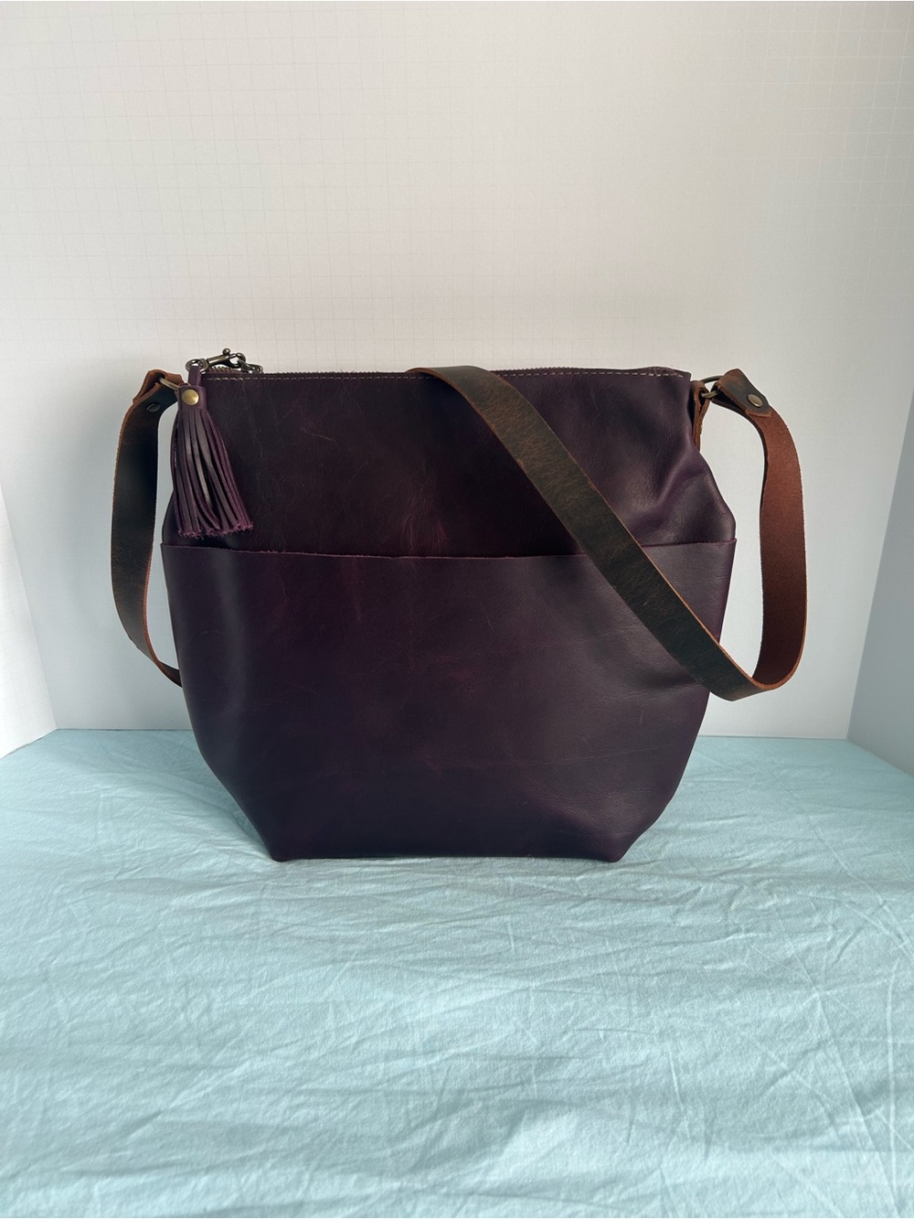 Leather Crossbody Bag in Deep Plum with Tassel